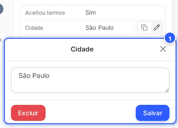 Editor de um campo personalizado aberto no painel do contato: o valor, Excluir e Salvar.