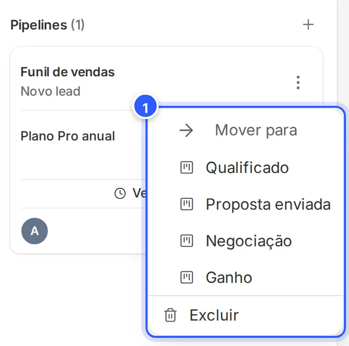 Menu da oportunidade no painel do contato: Mover para, com as etapas Qualificado, Proposta enviada, Negociação e Ganho, e Excluir.
