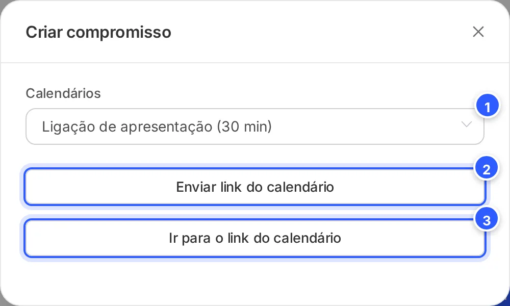 Janela Criar compromisso: o calendário escolhido e os botões Enviar link do calendário e Ir para o link do calendário.