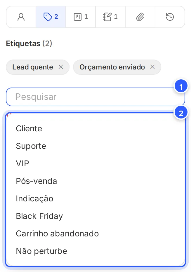 Adicionar etiqueta no painel do contato: a busca de etiquetas e os botões Cancelar e Adicionar.