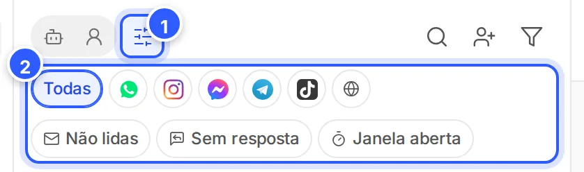 Filtros rápidos abertos: todos os canais, um botão por canal e os filtros Não lidas, Sem resposta e Janela aberta.