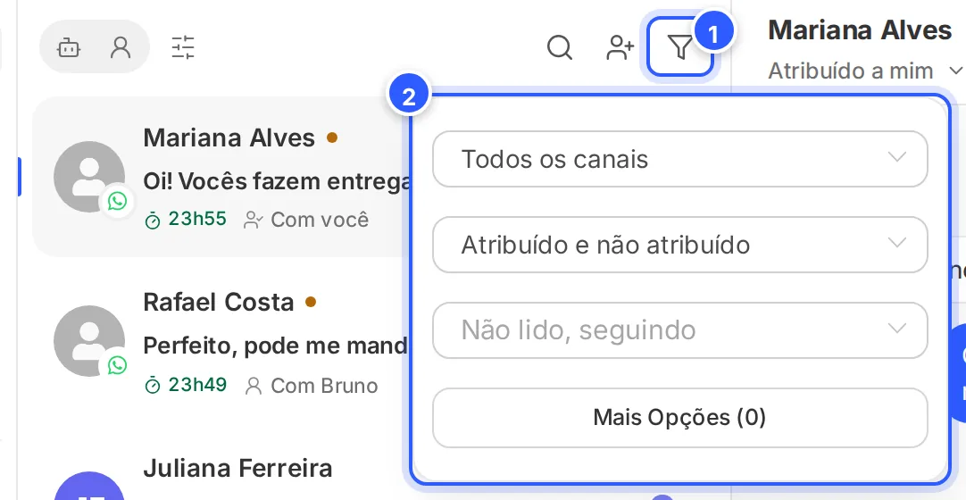 Filtro da lista aberto: canal, atribuição, situação da conversa e Mais Opções.
