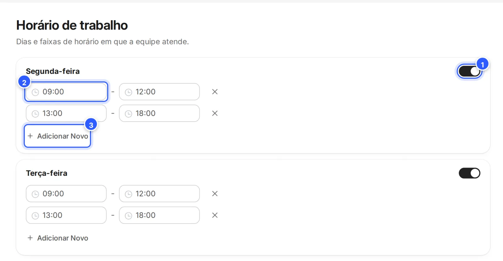 Editor do horário de trabalho: cada dia da semana ligado ou desligado, as faixas de horário, Adicionar Novo e o botão Salvar.