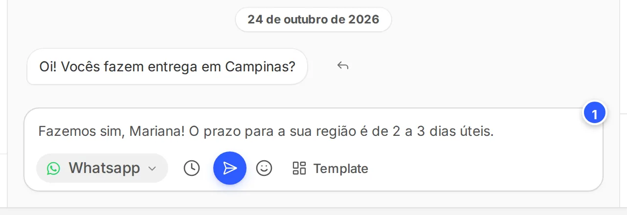 A sugestão de resposta de IA escolhida, já no campo de mensagem, pronta para revisar e enviar.