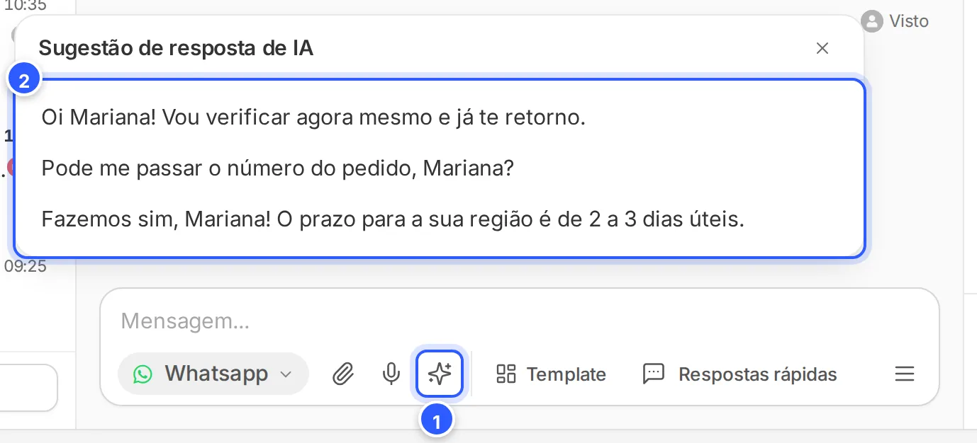 Sugestão de resposta de IA: três respostas sugeridas para a última mensagem do contato.