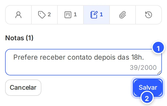 Nova nota sendo escrita no painel do contato, com os botões Cancelar e Salvar.