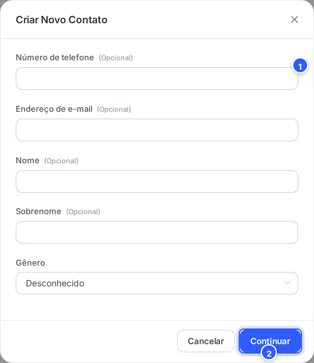 Janela Criar Novo Contato: número de telefone, e-mail, nome, sobrenome e gênero, e o botão Continuar.