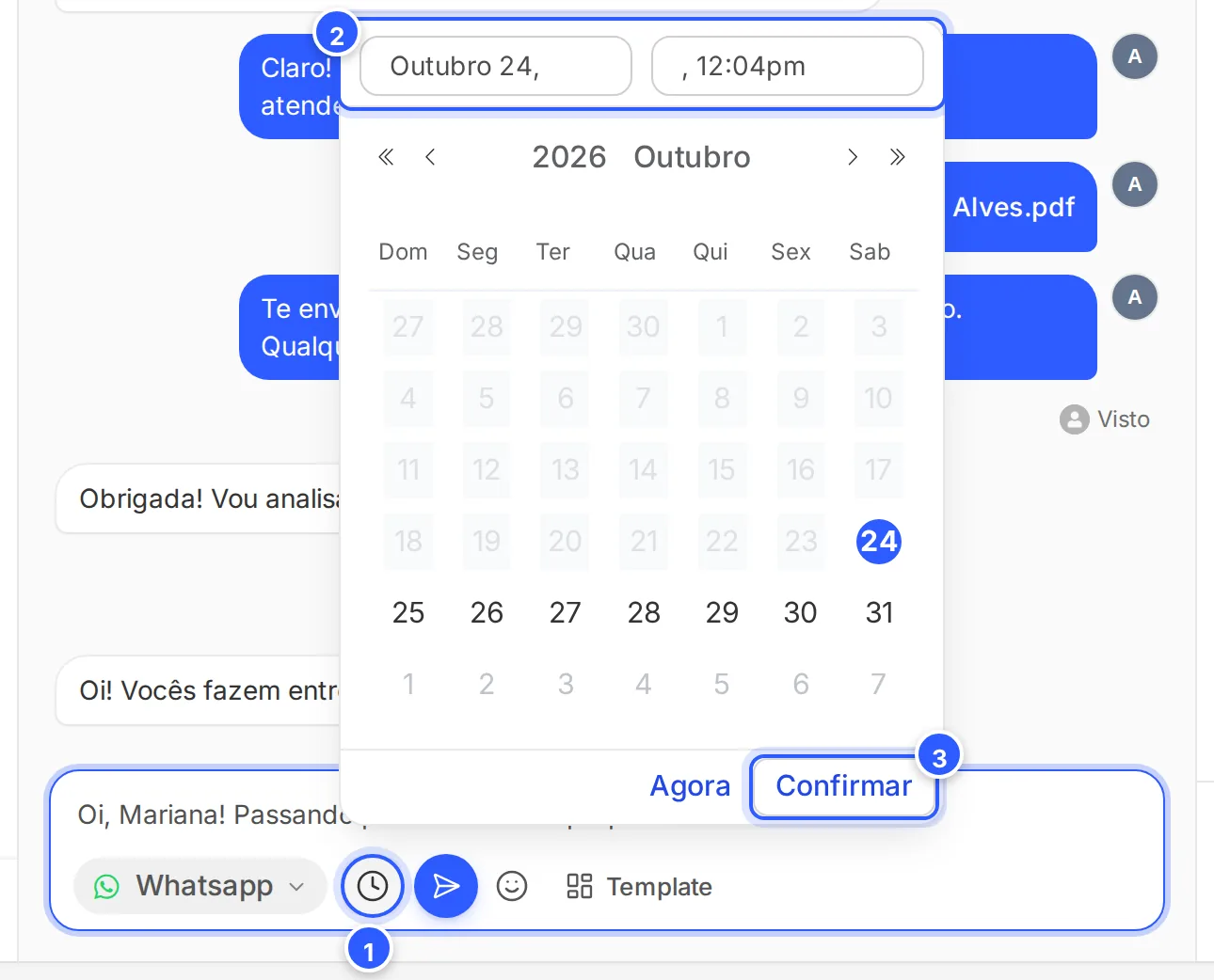 Enviar mais tarde: o calendário para escolher o dia e a hora, com Agora e Confirmar.
