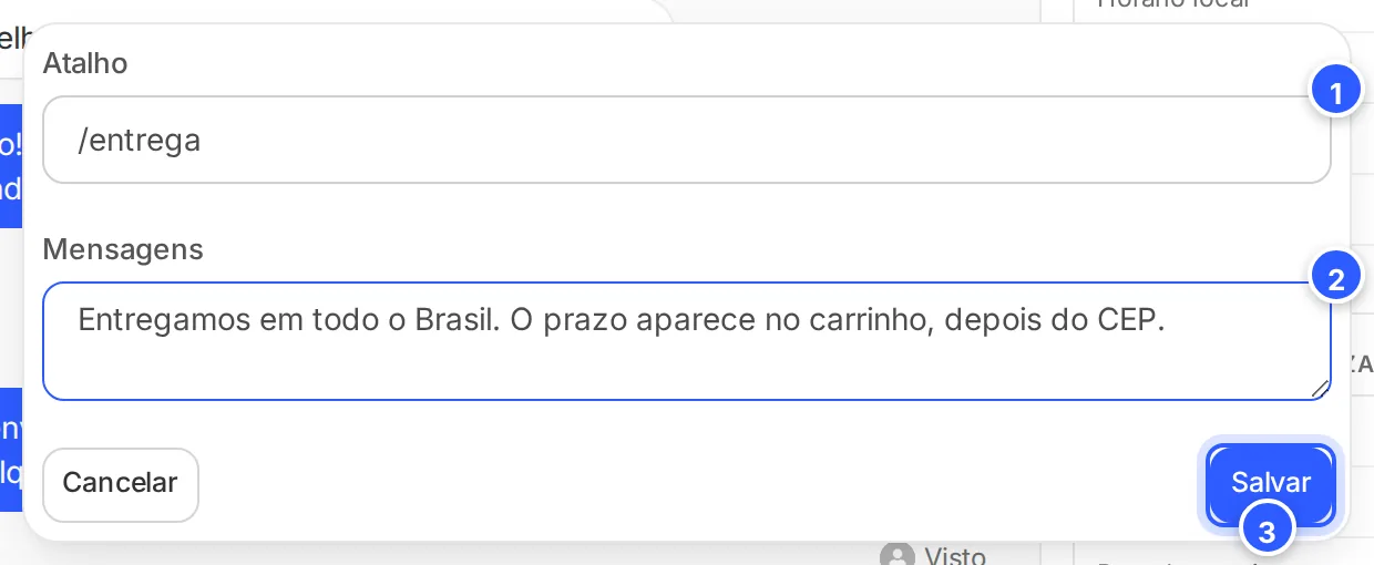 Nova resposta salva: os campos Atalho e Mensagens e os botões Cancelar e Salvar.