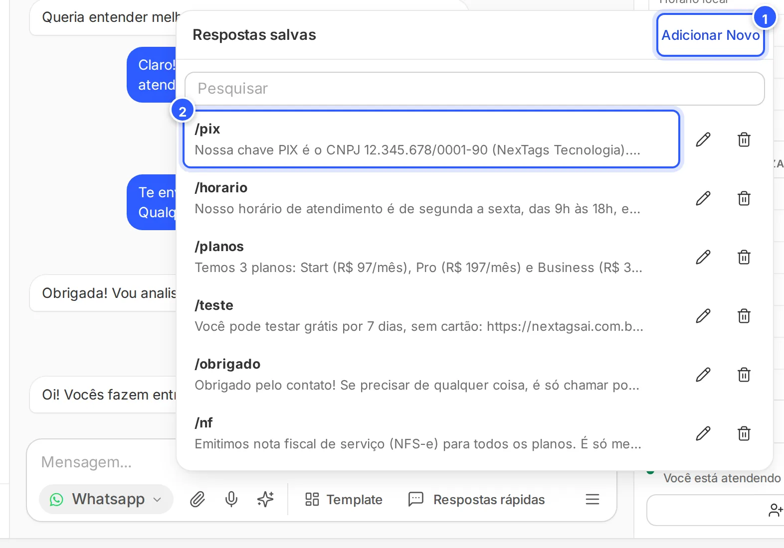 Lista de Respostas salvas aberta pelo botão Respostas rápidas: busca, os atalhos /pix, /horario e outros, e Adicionar Novo.
