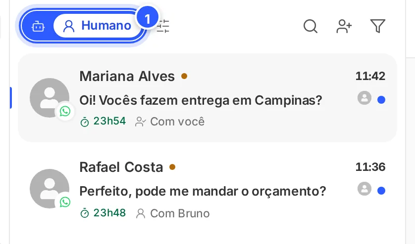 O seletor Robô e Humano no topo da lista, com Humano escolhido.
