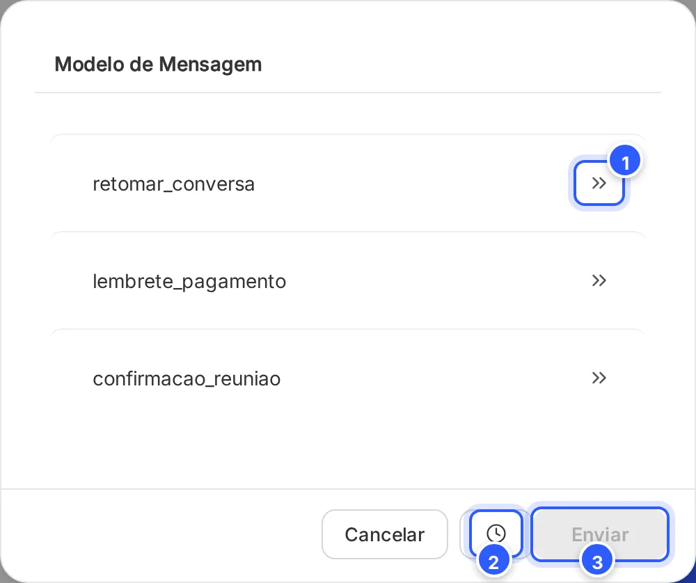 Janela Modelo de Mensagem com os modelos aprovados da conta, o relógio para agendar e o botão Enviar.