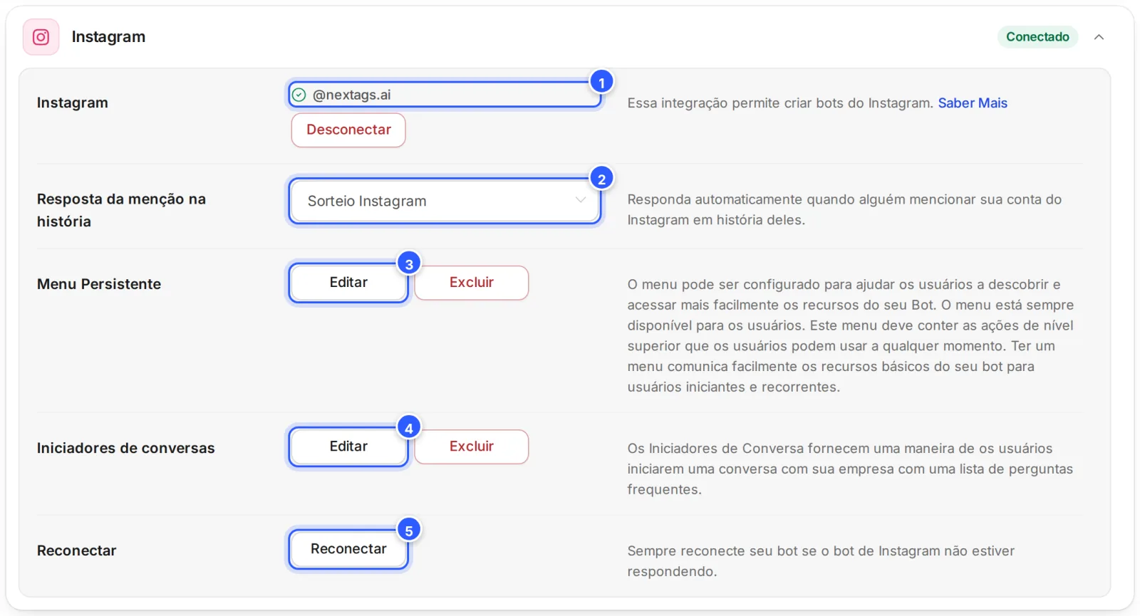 Cartão Instagram conectado: a conta @nextags.ai com Desconectar, Resposta da menção na história, Menu Persistente, Iniciadores de conversas e Reconectar.