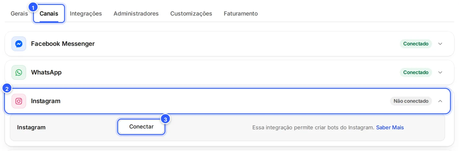Configurações › Canais com o cartão Instagram aberto e Não conectado: a linha Instagram com o botão Conectar.