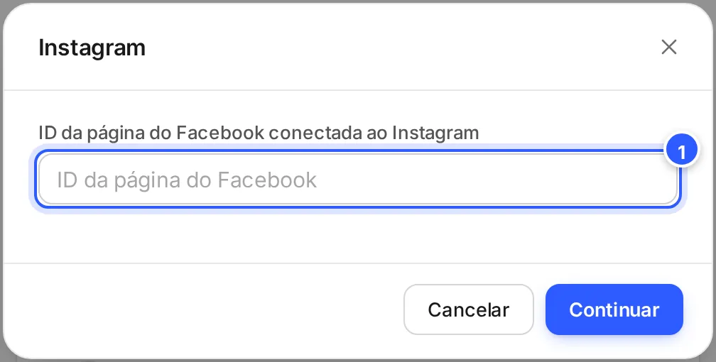Janela Instagram com o campo ID da página do Facebook conectada ao Instagram.