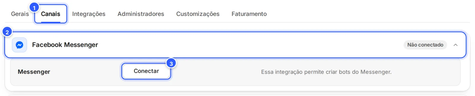 Configurações › Canais com o cartão Facebook Messenger aberto e Não conectado: a linha Messenger com o botão Conectar.