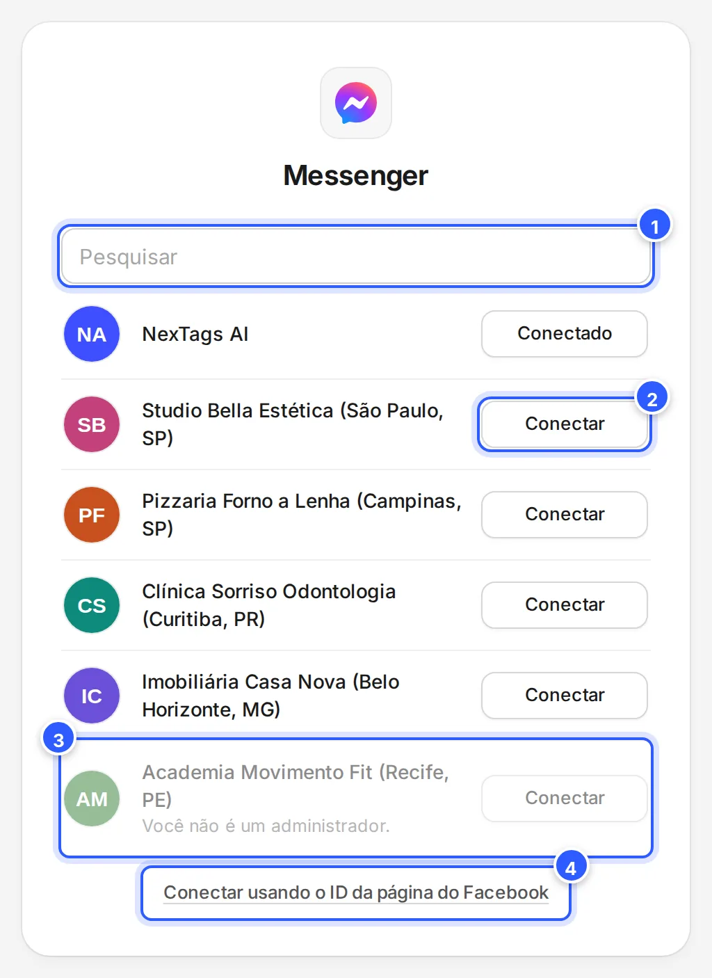 Tela Messenger do assistente de conexão: o campo Pesquisar, as páginas do Facebook com o botão Conectar, uma já Conectado, uma apagada com o aviso Você não é um administrador. e o link Conectar usando o ID da página do Facebook.