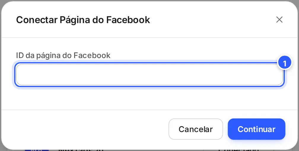 Janela Conectar Página do Facebook com o campo ID da página do Facebook.