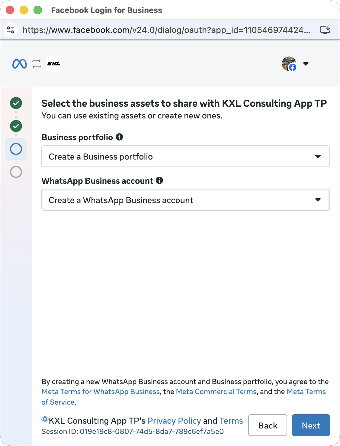 Tela da Meta para escolher ou criar o portfólio empresarial e a conta do WhatsApp Business (imagem da documentação da Meta, em inglês).