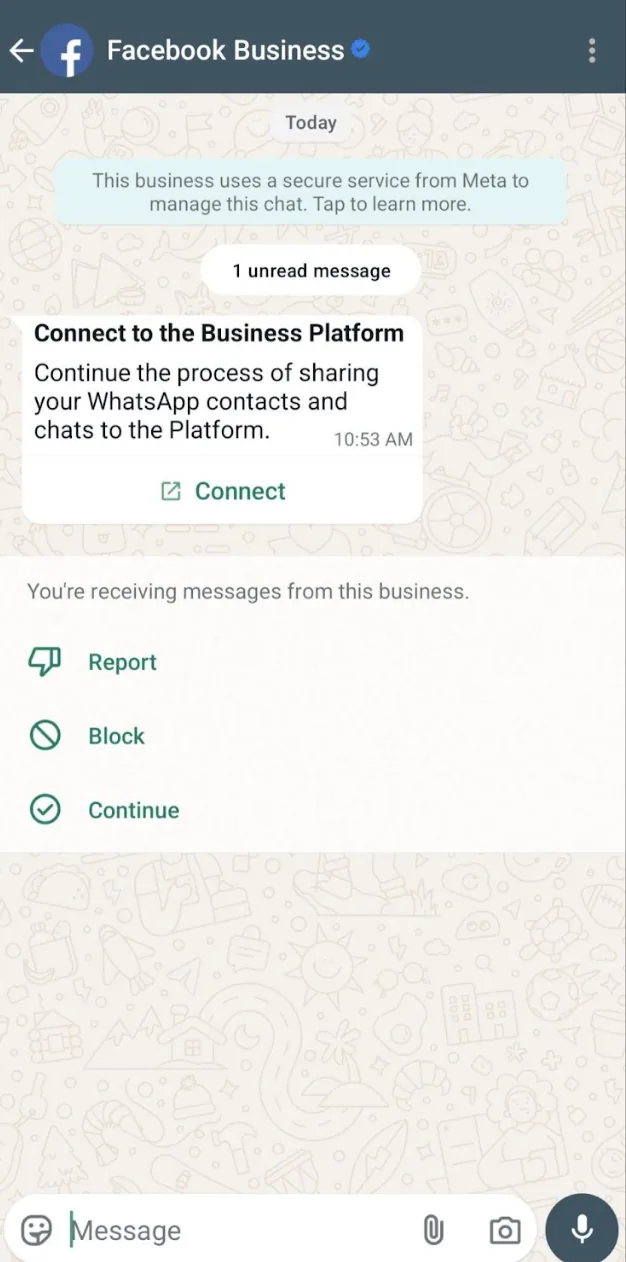 Conversa da conta oficial Facebook Business no app WhatsApp Business, com o convite para conectar à plataforma e o botão de conectar (imagem da documentação da Meta, em inglês).