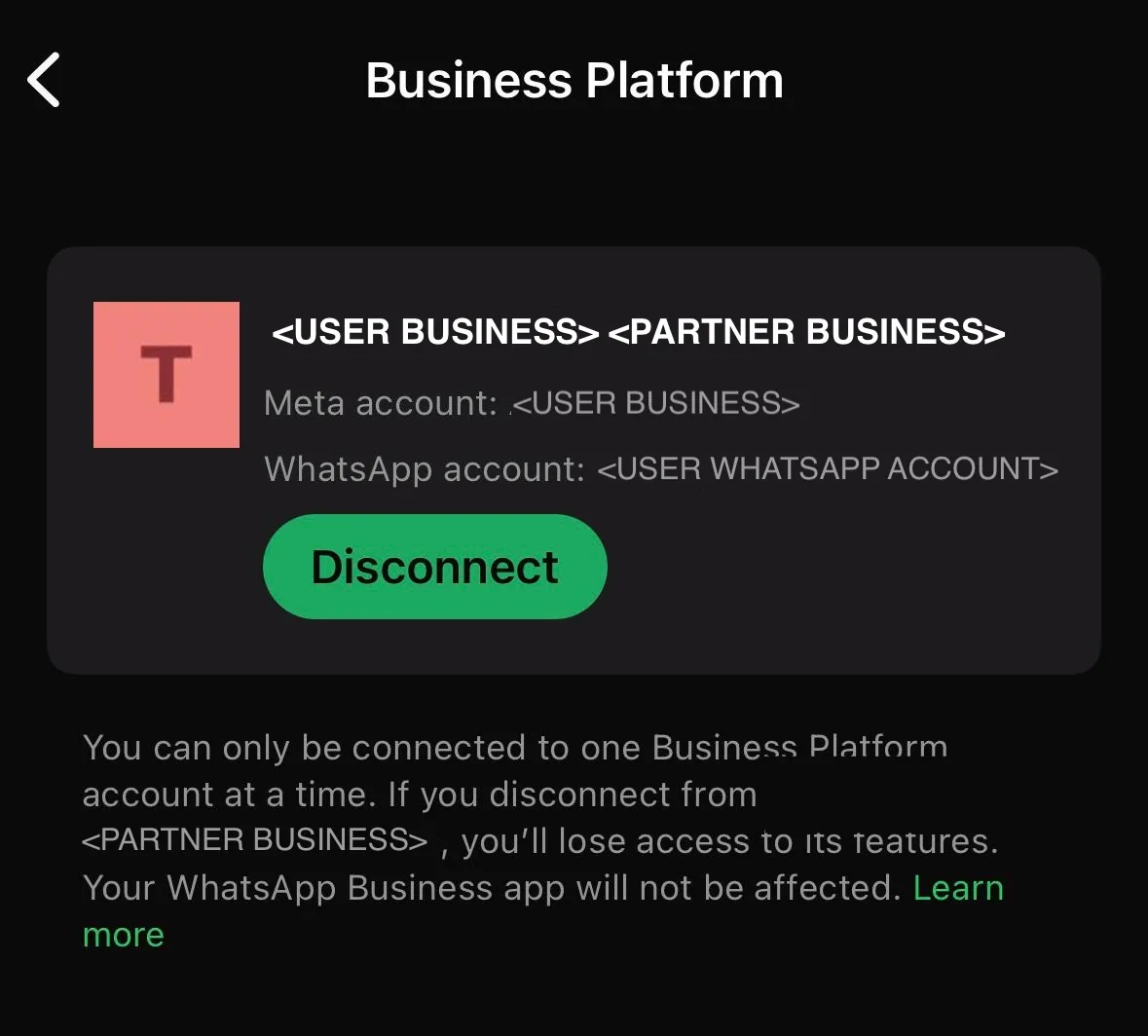 Tela Plataforma comercial nas configurações do app WhatsApp Business, com a conta conectada e o botão de desconectar (imagem da documentação da Meta, em inglês).