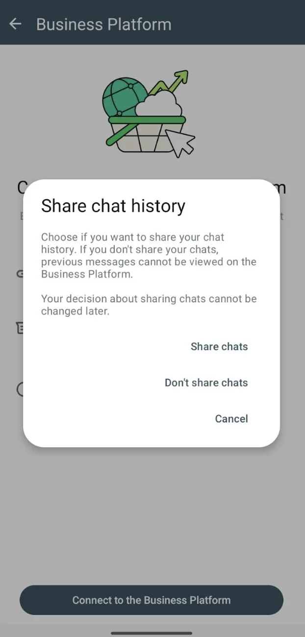 Pergunta do app WhatsApp Business para compartilhar ou não o histórico de conversas com a plataforma (imagem da documentação da Meta, em inglês).