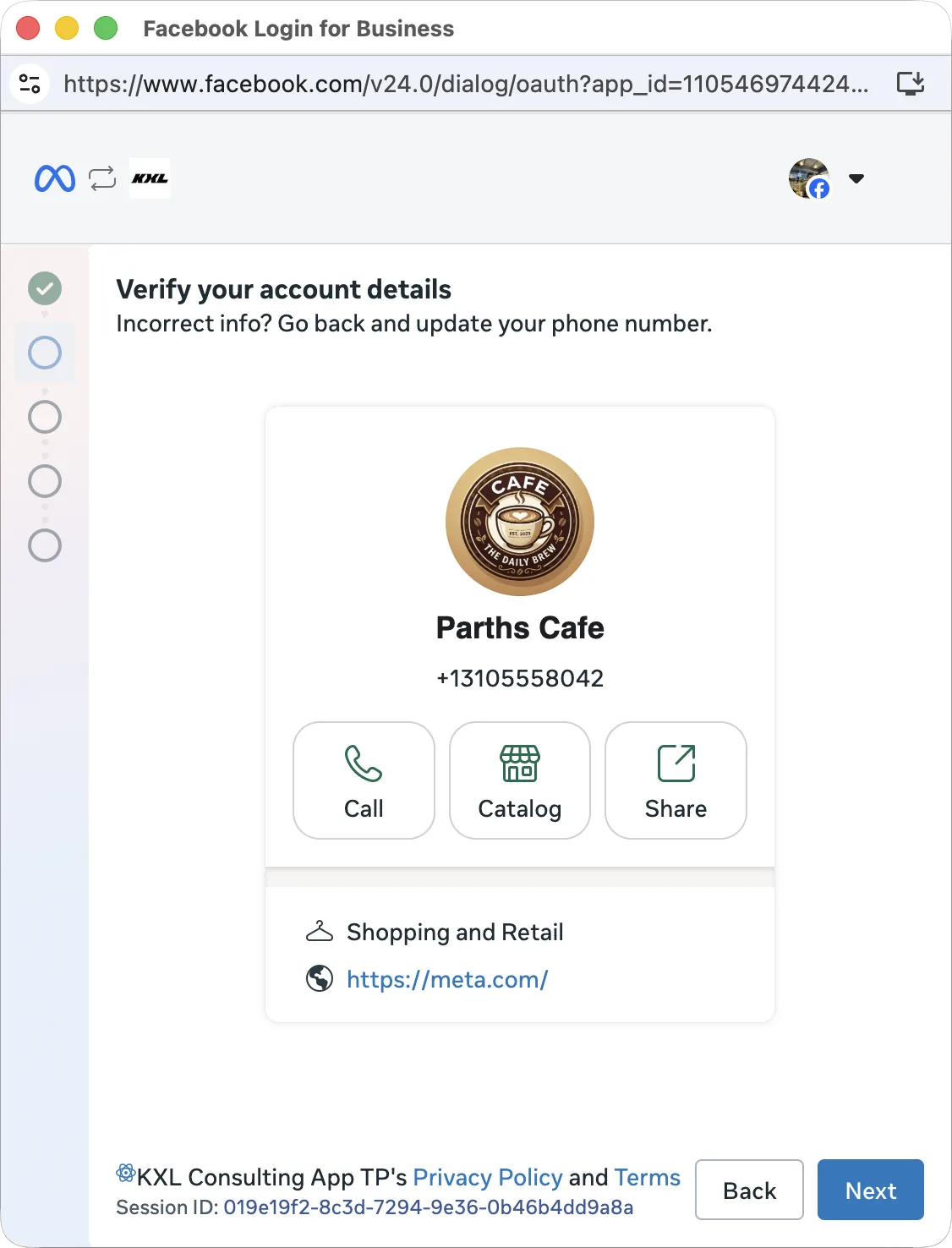 Tela da Meta com o perfil do app WhatsApp Business ligado ao número: foto, nome, telefone, categoria e site, para confirmar a conta (imagem da documentação da Meta, em inglês).