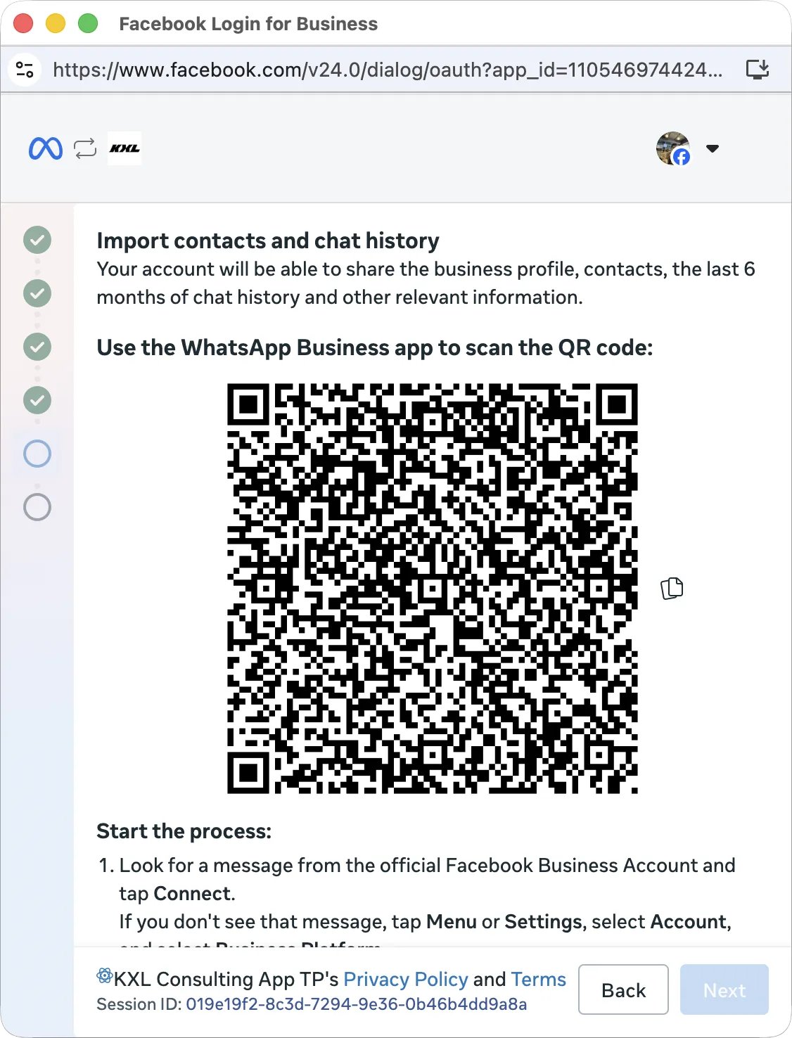 Tela da Meta com o QR code para ler no app WhatsApp Business e os passos para começar a importação de contatos e conversas (imagem da documentação da Meta, em inglês).
