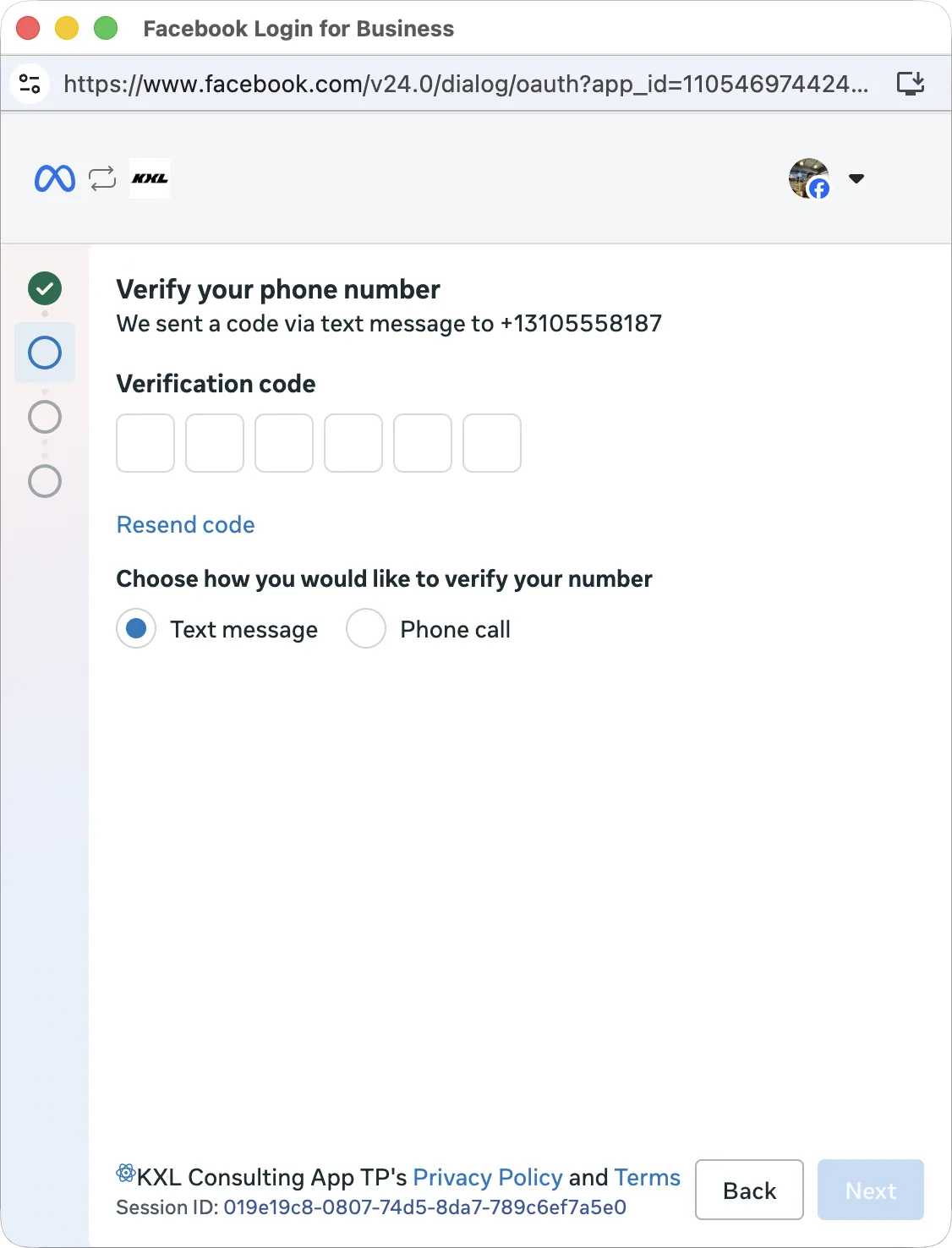 Tela da Meta para verificar o número com o código recebido por mensagem de texto ou ligação (imagem da documentação da Meta, em inglês).
