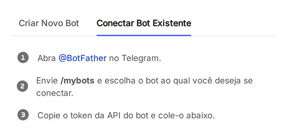 Aba Conectar Bot Existente: abra o @BotFather, envie /mybots, escolha o bot e copie o token da API.
