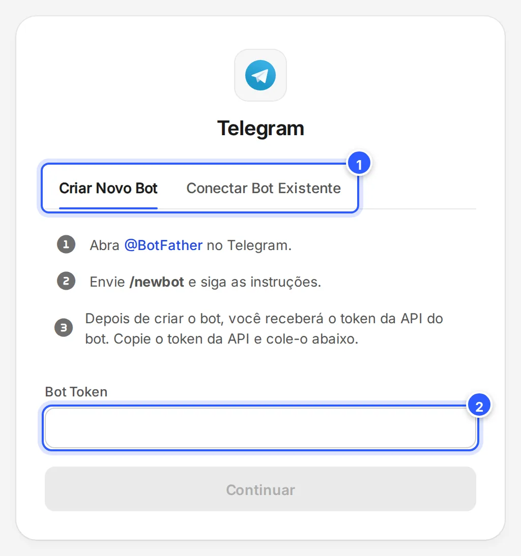Tela Telegram do assistente de conexão: as abas Criar Novo Bot e Conectar Bot Existente, os passos com o link @BotFather e o comando /newbot, o campo Bot Token e o botão Continuar.