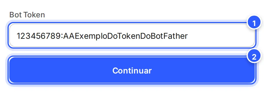 Campo Bot Token preenchido com um token de exemplo e o botão Continuar liberado.