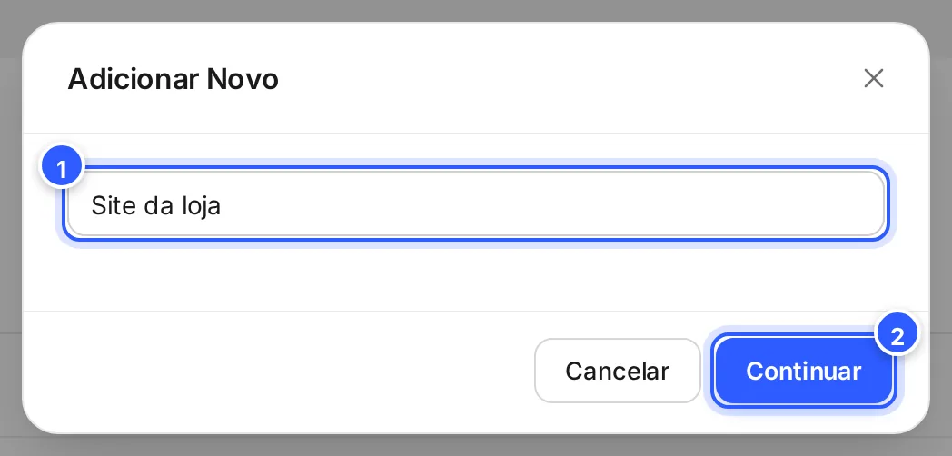 A janela Adicionar Novo, com o nome do webchat escrito e o botão Continuar.