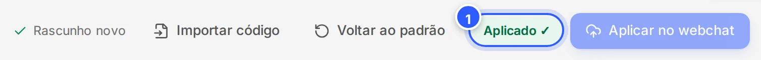 O topo do construtor depois de Aplicar no webchat: o aviso Aplicado e o botão Aplicar no webchat apagado.