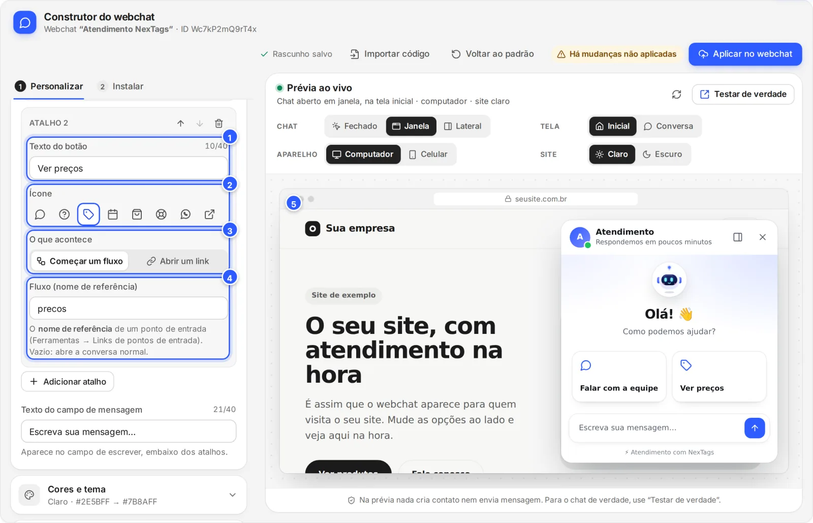 Um atalho da tela inicial: Texto do botão, Ícone, O que acontece (Começar um fluxo ou Abrir um link) e o nome de referência do fluxo, com a prévia mostrando o botão Ver preços.