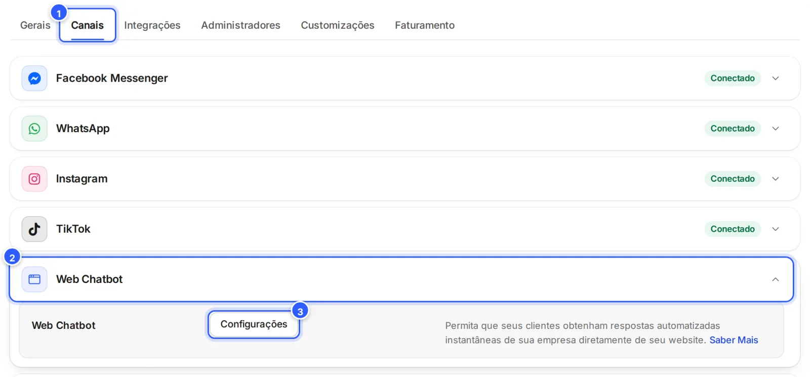 Configurações, aba Canais, com o cartão Web Chatbot aberto e o botão Configurações, que leva à lista de webchats.