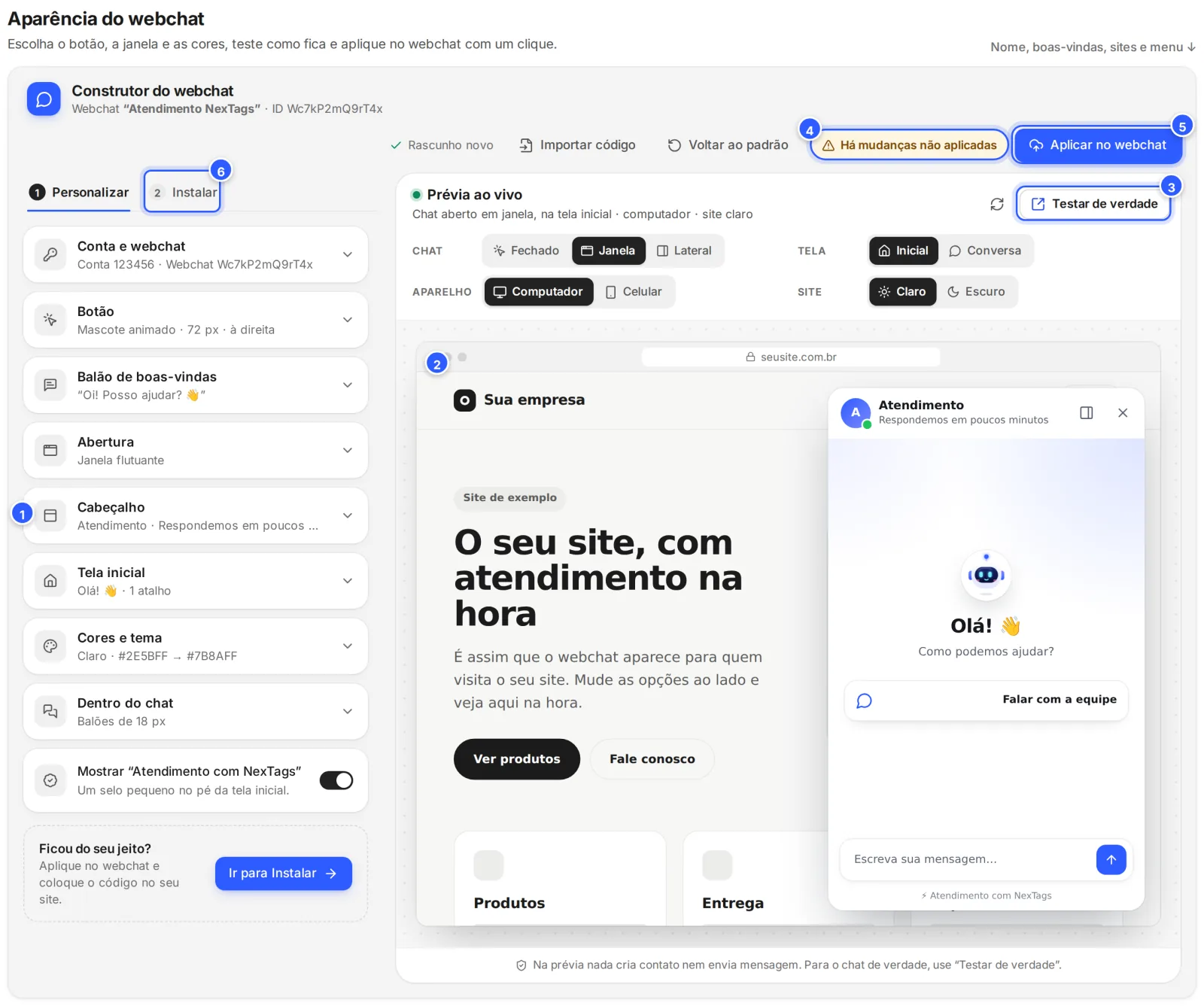 A seção Aparência do webchat: o Construtor do webchat com as seções do Personalizar à esquerda e a Prévia ao vivo à direita, com a tela inicial aberta.