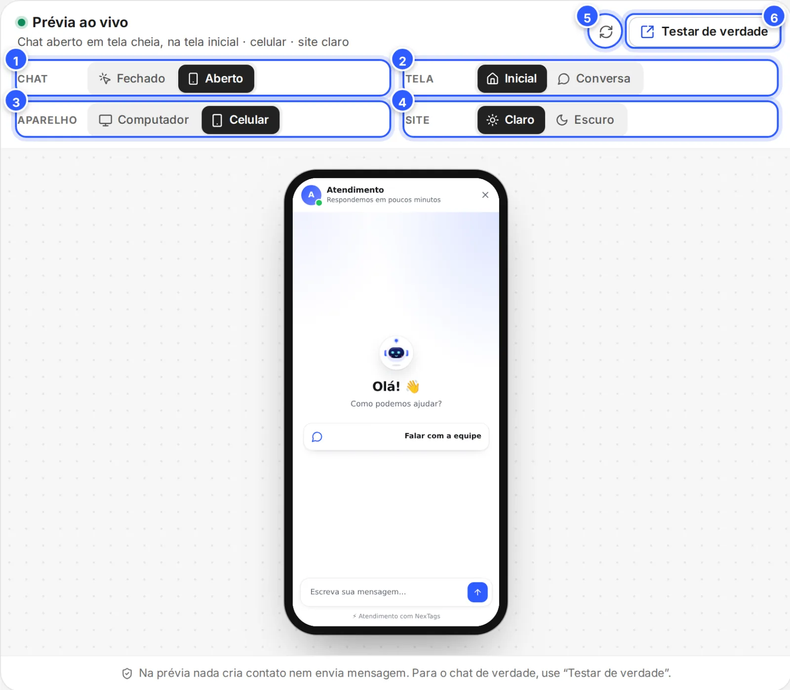 A Prévia ao vivo com os controles Chat, Tela, Aparelho e Site, o botão de recomeçar e o Testar de verdade, mostrando o chat aberto num celular.
