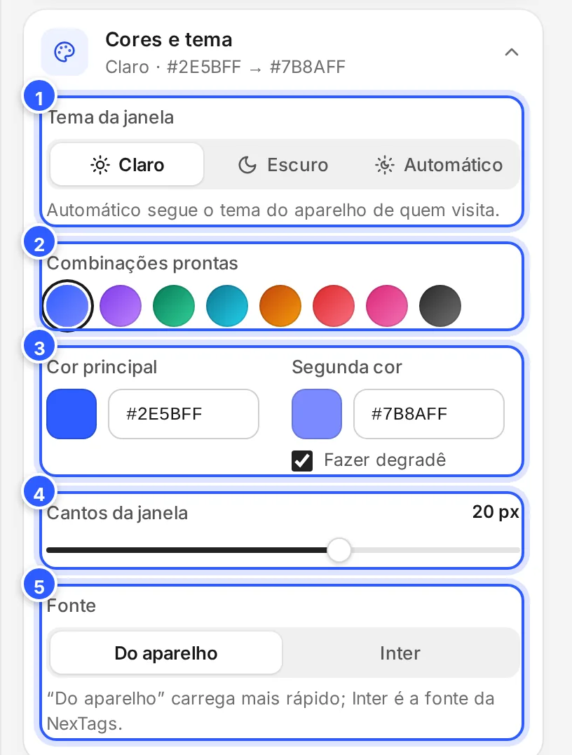 A seção Cores e tema aberta: Tema da janela, Combinações prontas, Cor principal, Segunda cor, Cantos da janela e Fonte.
