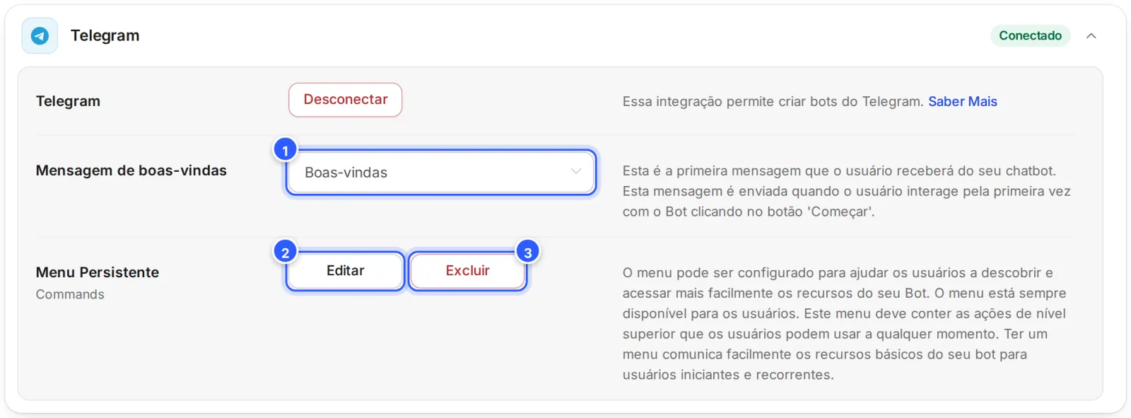 Configurações, aba Canais, cartão Telegram aberto: a Mensagem de boas-vindas e o Menu Persistente (Commands), com os botões Editar e Excluir.