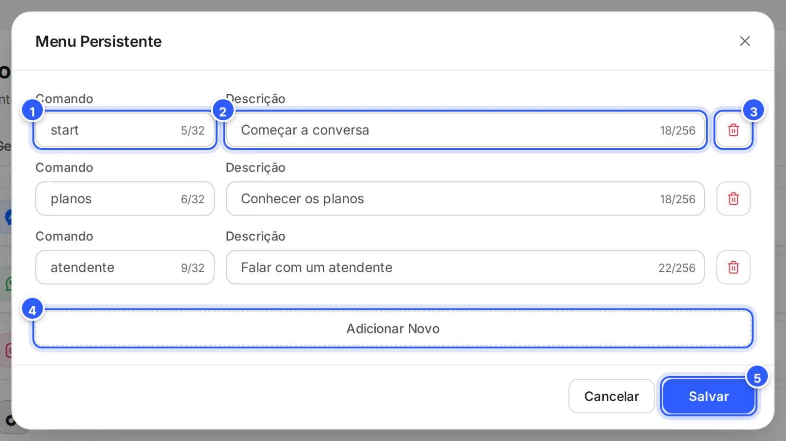 A janela Menu Persistente do Telegram com três comandos: cada um com Comando e Descrição, a lixeira, o botão Adicionar Novo e o Salvar.