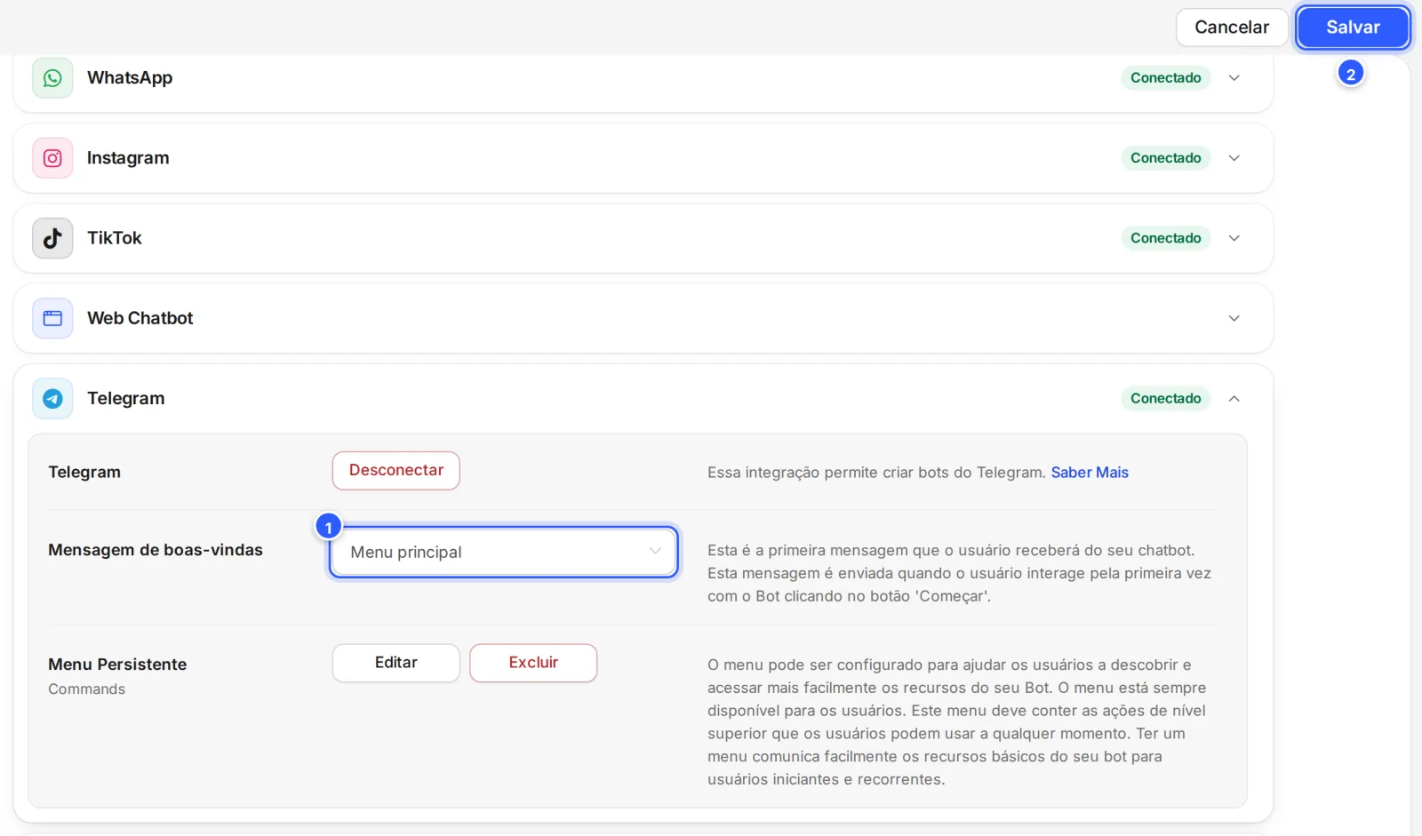 A Mensagem de boas-vindas do Telegram trocada para outro fluxo e, no alto da página, os botões Cancelar e Salvar.