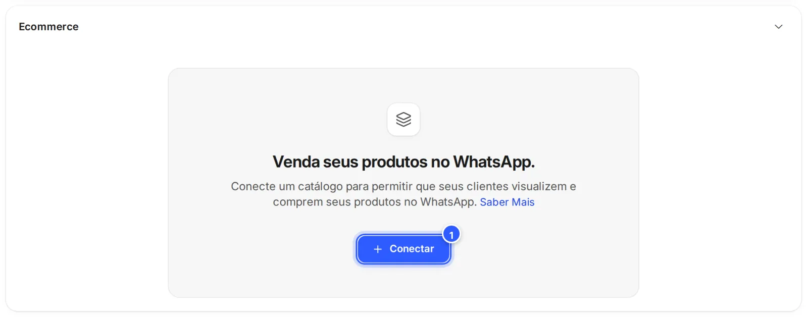 Seção Ecommerce da aba Definições, sem catálogo: Venda seus produtos no WhatsApp, o texto explicativo e o botão Conectar.