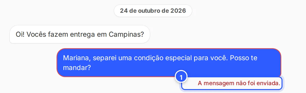 Conversa do WhatsApp na Caixa de Entrada: a última mensagem da equipe, em azul, com o aviso vermelho A mensagem não foi enviada. embaixo.