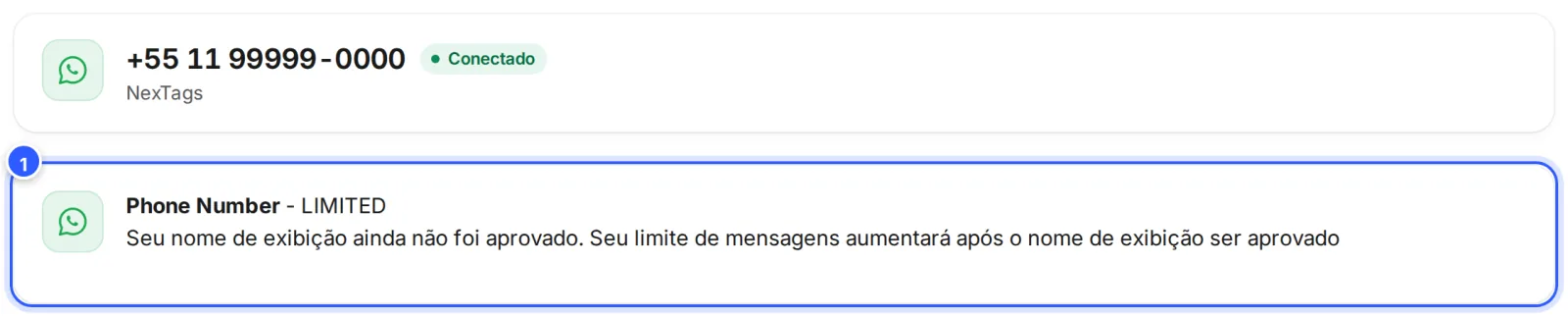 Tela do número com o diagnóstico da Meta: Phone Number - LIMITED, e o aviso de que o limite de mensagens aumenta depois que o nome de exibição for aprovado.