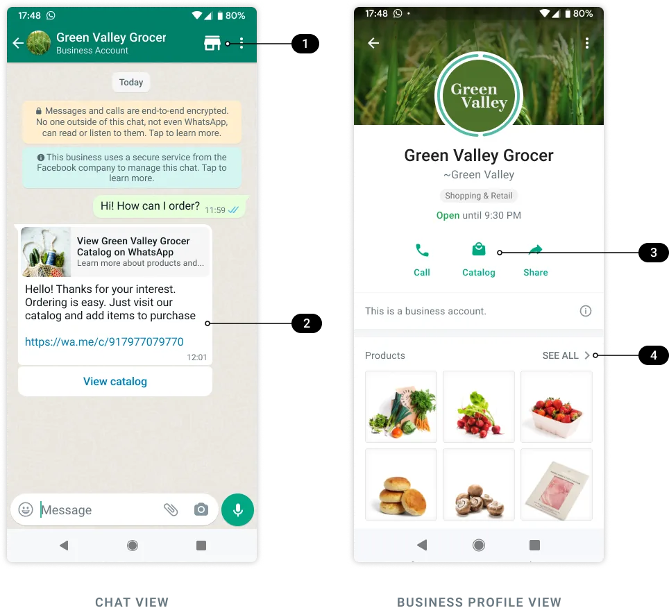 O catálogo no WhatsApp do cliente, numa imagem da Meta em inglês: o ícone da loja no topo da conversa, a mensagem com o botão para ver o catálogo e o catálogo no perfil da empresa.