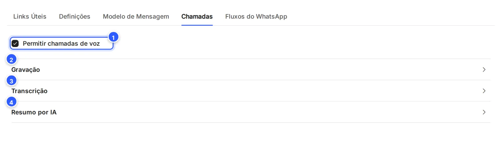 Aba Chamadas da tela do número: a opção Permitir chamadas de voz ligada e, embaixo, as seções Gravação, Transcrição e Resumo por IA, fechadas.