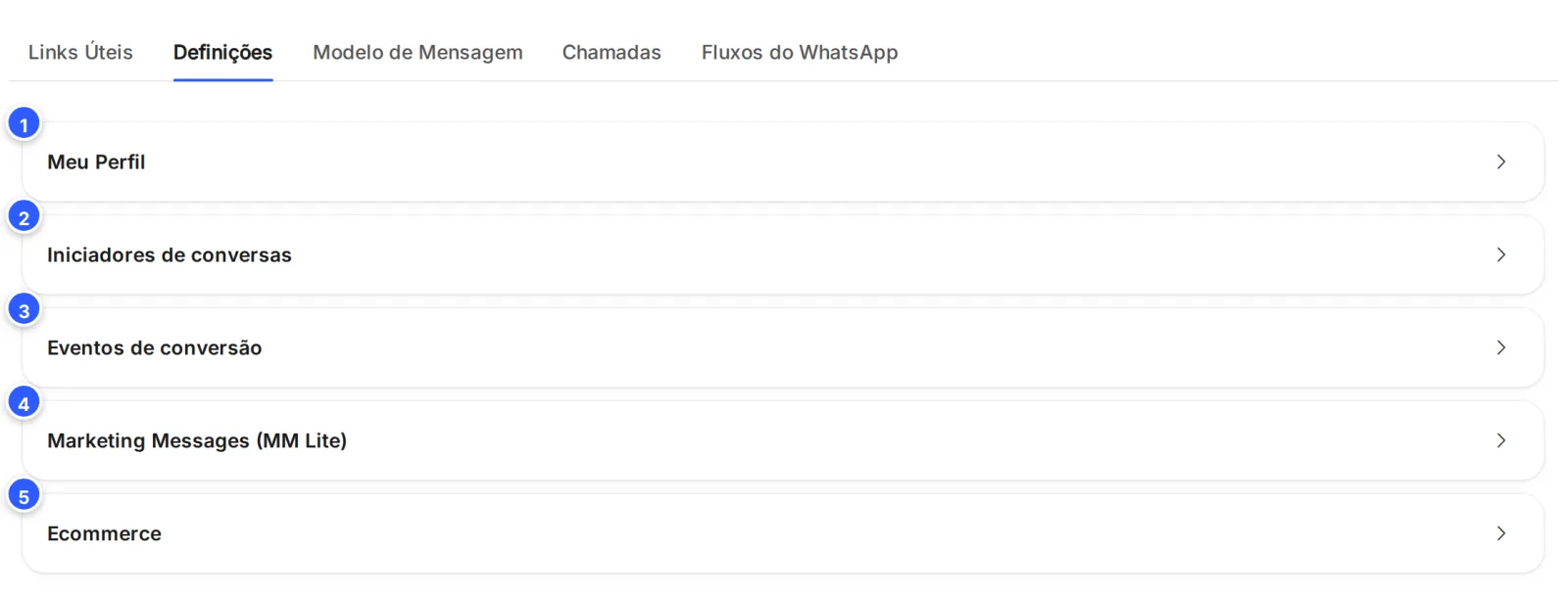 Aba Definições da tela do número, com as seções fechadas: Meu Perfil, Iniciadores de conversas, Eventos de conversão, Marketing Messages (MM Lite) e Ecommerce.