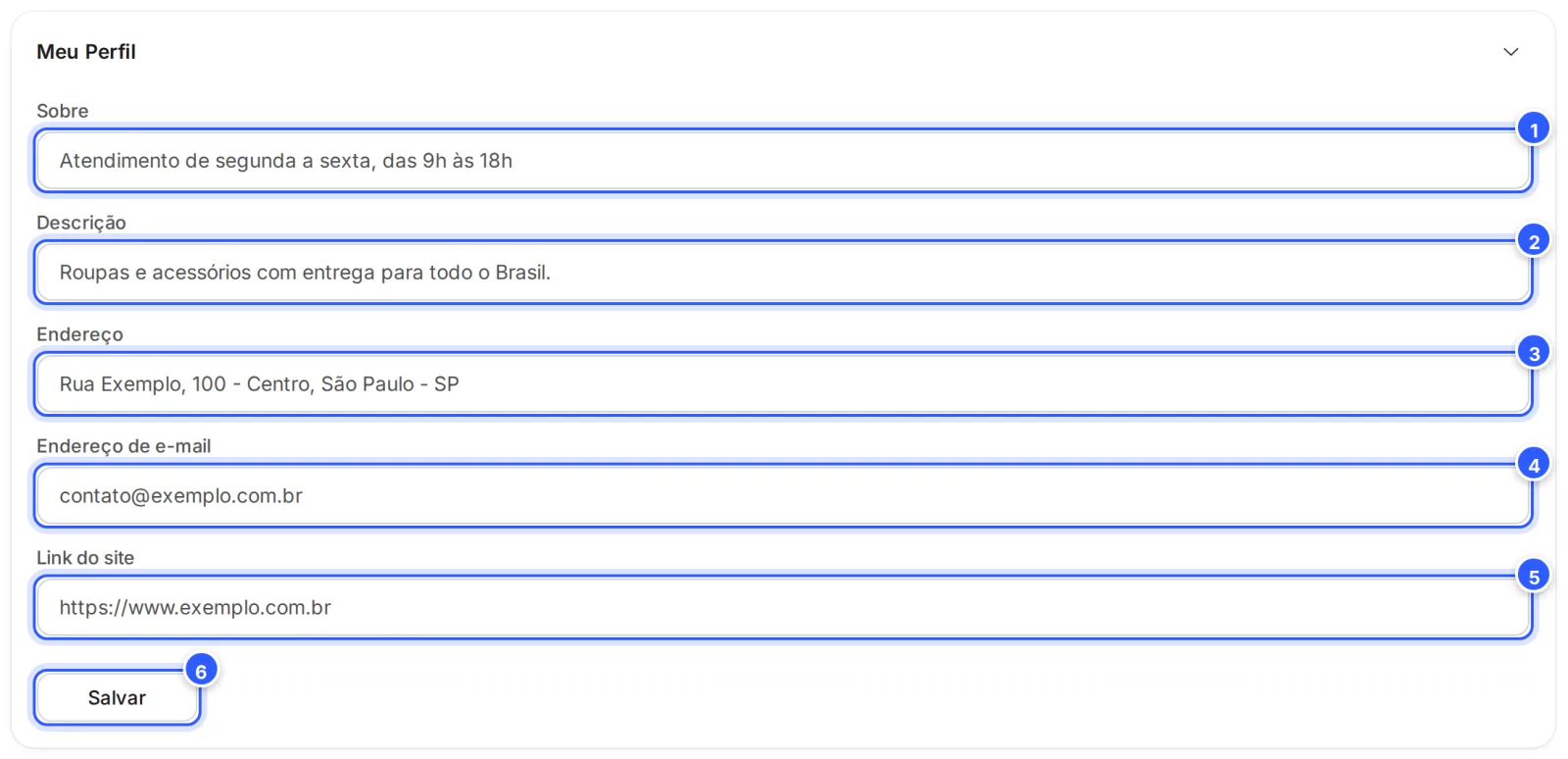 Seção Meu Perfil da aba Definições: os campos Sobre, Descrição, Endereço, Endereço de e-mail e Link do site, preenchidos com dados de exemplo, e o botão Salvar.