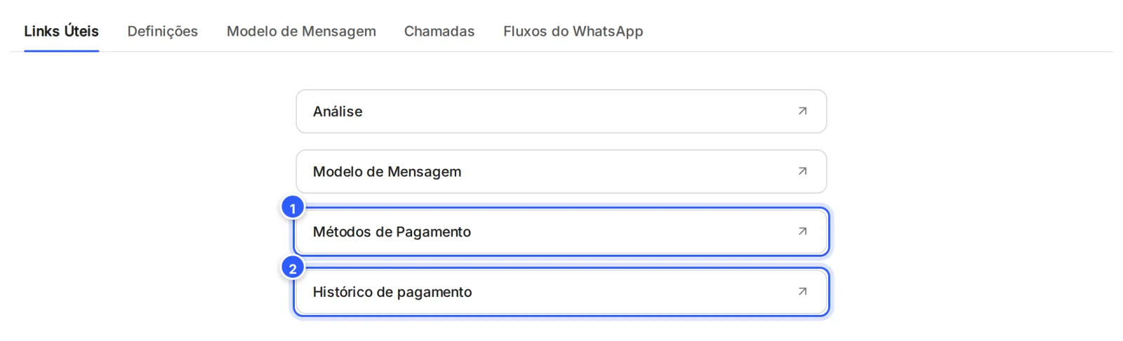 Aba Links Úteis da tela do número, com os atalhos Métodos de Pagamento e Histórico de pagamento em destaque.